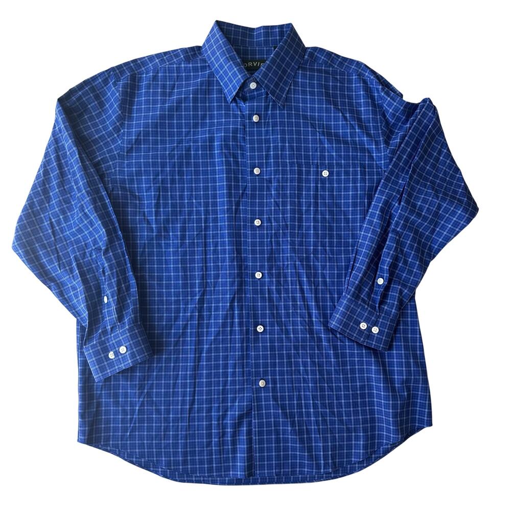 Orvis Men's Large Dark Blue Plaid Button Down Shirt Under Collar Buttons